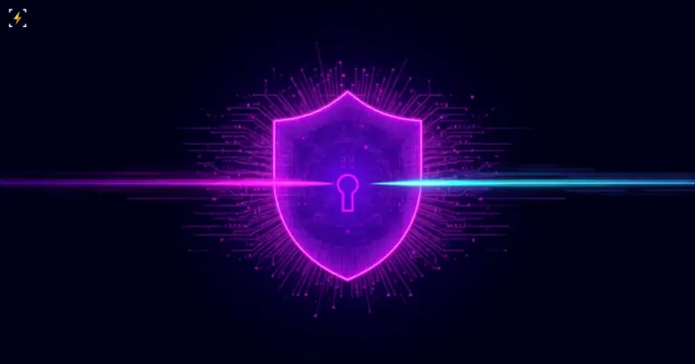 A glowing shield with a keyhole at its center, with a thick slow light trail on one side turning into a thin fast cyan streak on the other