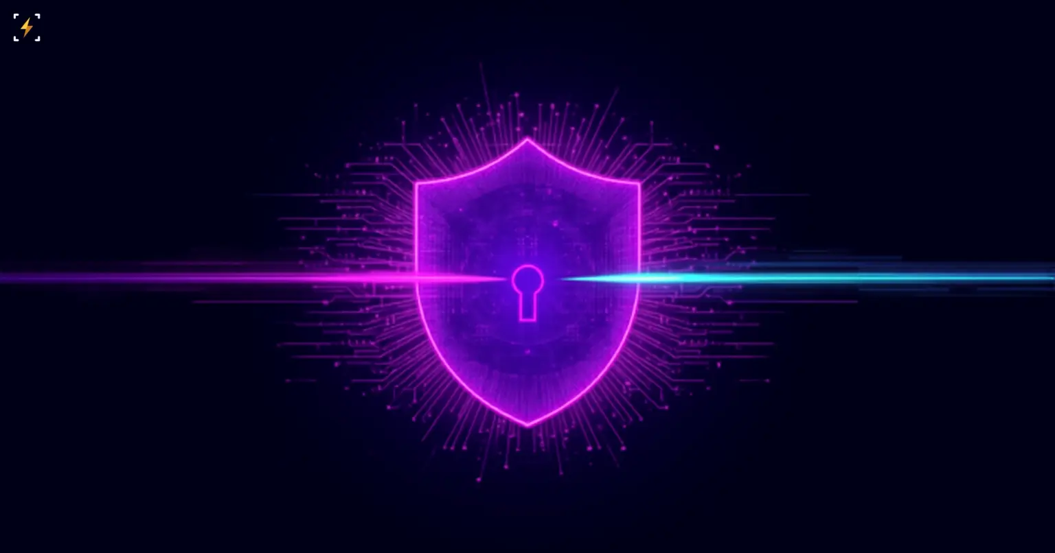 A glowing shield with a keyhole at its center, with a thick slow light trail on one side turning into a thin fast cyan streak on the other