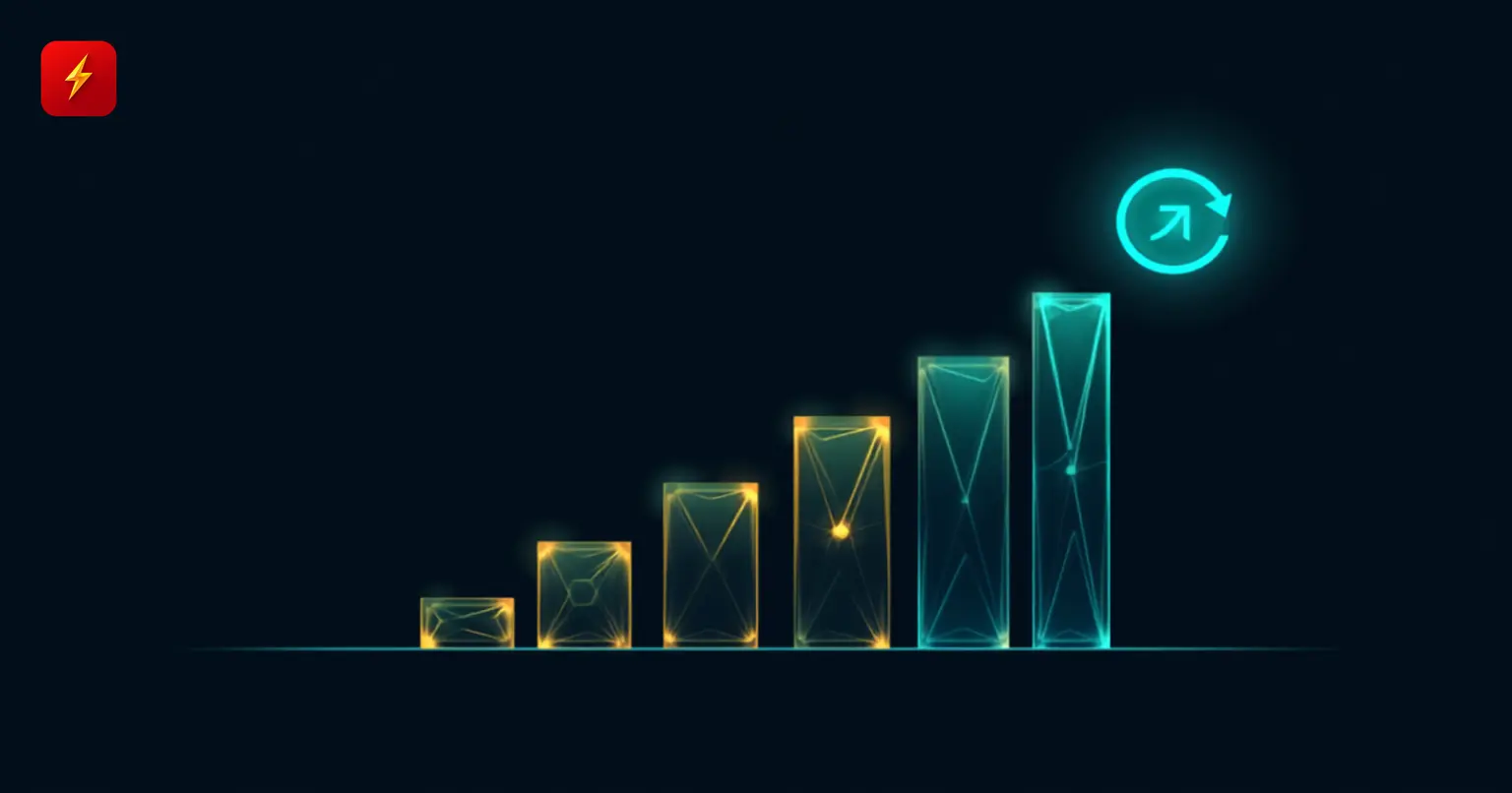 A glowing bar chart rising in amber and teal, with a circular loop-arrow icon at the top symbolizing revenue cycling back into token buybacks and rising valuations