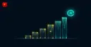 A glowing bar chart rising in amber and teal, with a circular loop-arrow icon at the top symbolizing revenue cycling back into token buybacks and rising valuations