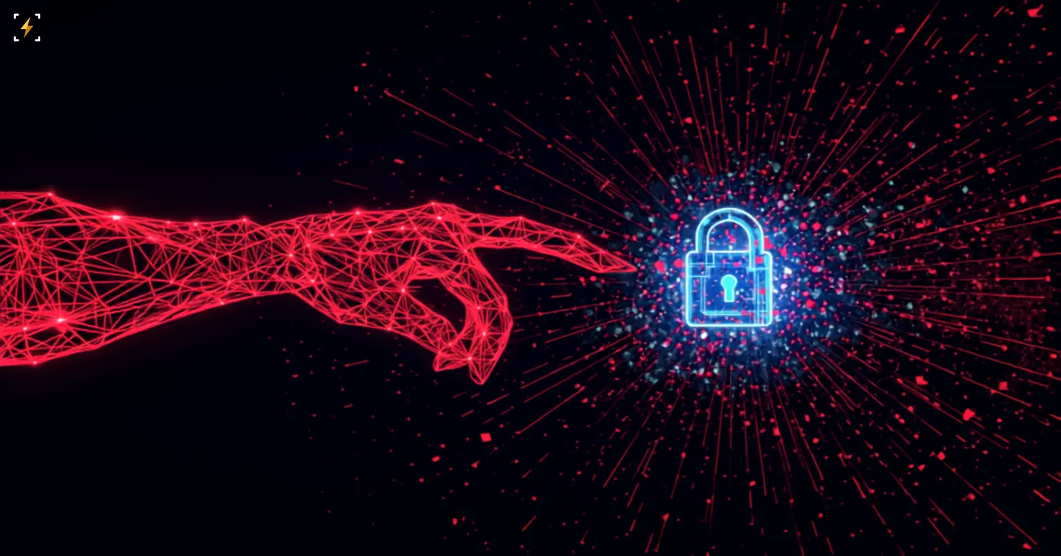 Flat vector illustration of a glowing red mechanical wireframe hand reaching toward a shattering glowing blue padlock icon, with data-particle shards and radiating lines filling the dark background, symbolizing AI-driven attacks breaking through crypto security