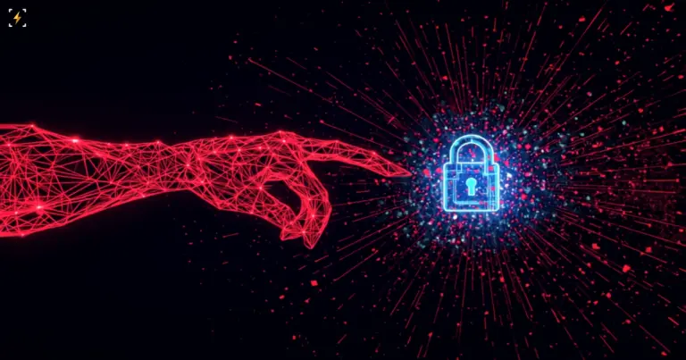 Flat vector illustration of a glowing red mechanical wireframe hand reaching toward a shattering glowing blue padlock icon, with data-particle shards and radiating lines filling the dark background, symbolizing AI-driven attacks breaking through crypto security