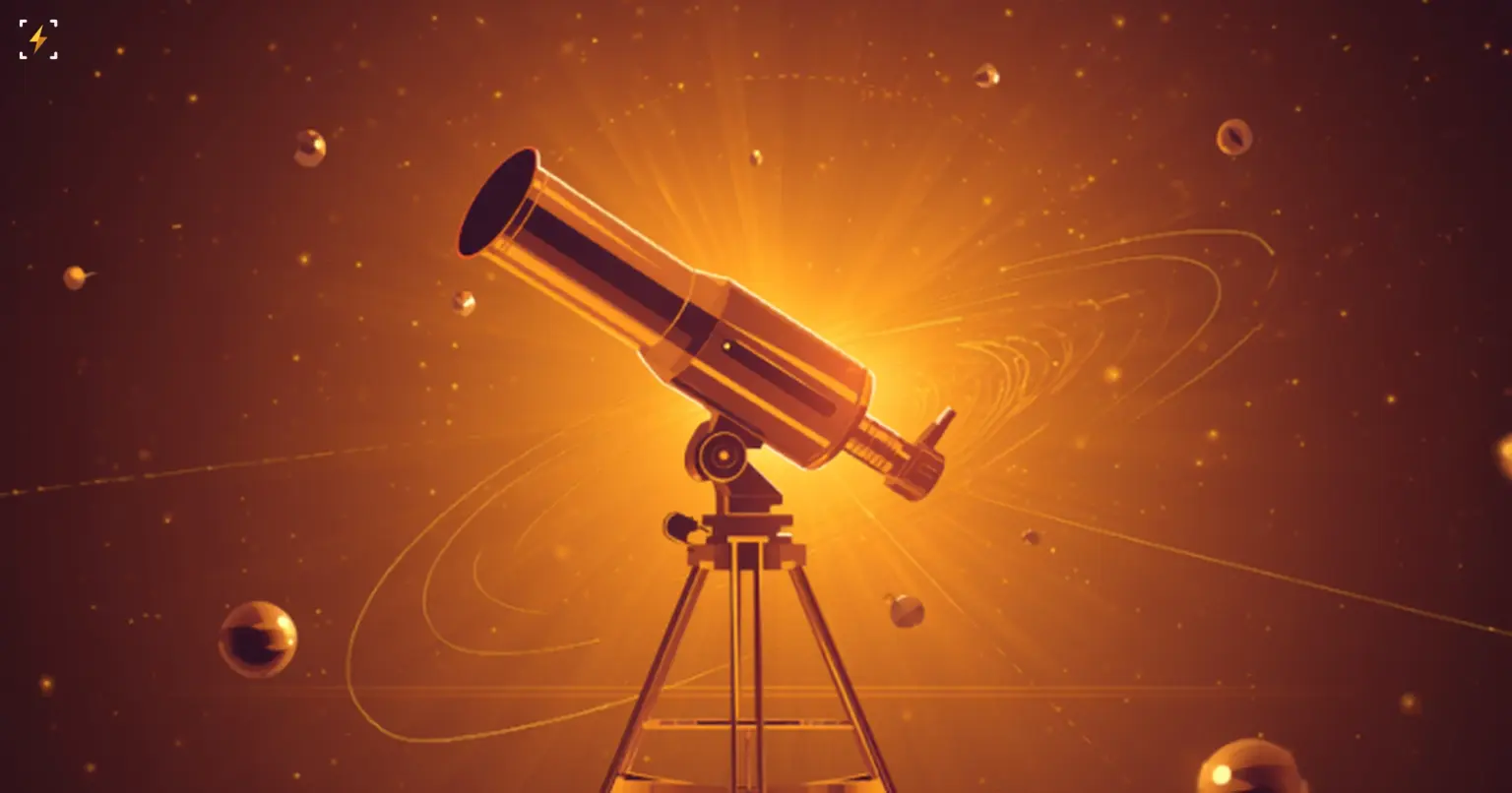 A glossy golden telescope aimed at a glowing burst of light, surrounded by orbiting planets and thin ring trails against an amber space backdrop