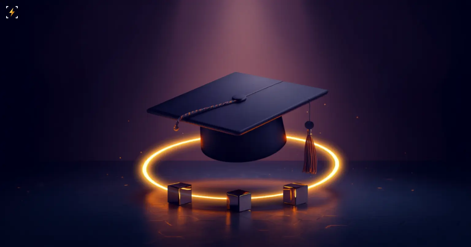 Illustration of a graduation cap floating above a glowing gold ring with three chrome cubes on it, on a deep indigo background, illustrating a completed onchain student loan cycle