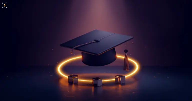 Illustration of a graduation cap floating above a glowing gold ring with three chrome cubes on it, on a deep indigo background, illustrating a completed onchain student loan cycle