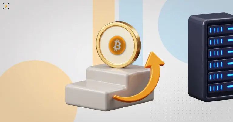 Монета биткоина на верхней из двух ступеней и изогнутая стрелка, возвращающаяся к ней снизу, рядом со серверной стойкой — иллюстрация к выкупу MARA дороже цены продажи