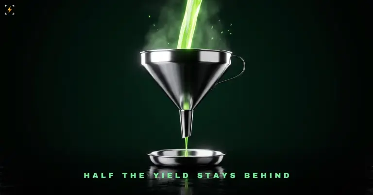 A chrome funnel on a dark reflective floor with a thick stream of glowing green light pouring in and a thin trickle leaving the spout