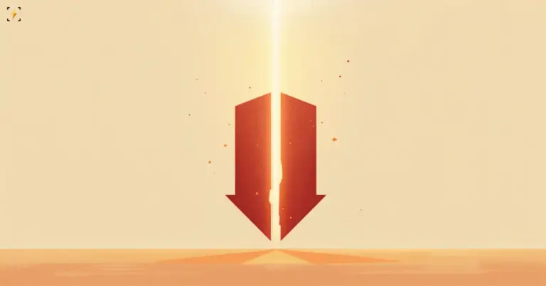 Matte crimson downward arrow snapped in two with light rising through the break, illustrating a bitcoin short squeeze