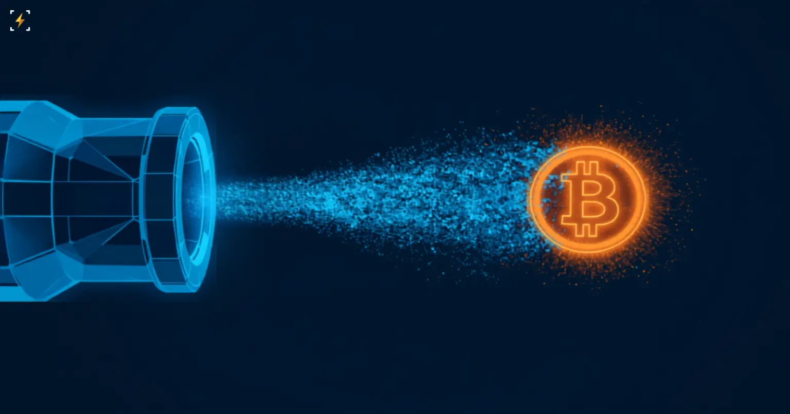 Flat vector illustration of a glowing blue industrial valve releasing a stream of light particles that flow toward a glowing amber bitcoin symbol, symbolizing Treasury market liquidity indirectly reaching bitcoin