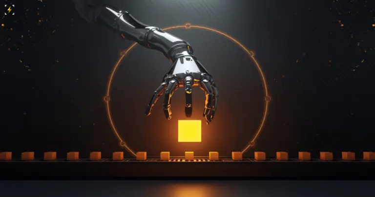Illustration of a chrome robotic arm holding a single glowing amber cube above a conveyor belt of dark unlit cubes on a graphite background, illustrating how few enterprise AI agent pilots reach production