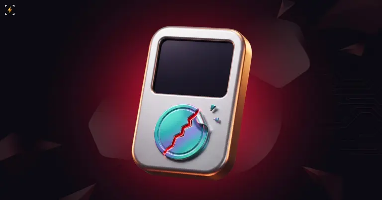 A silver hardware wallet with a cracked iridescent authenticity seal on its face