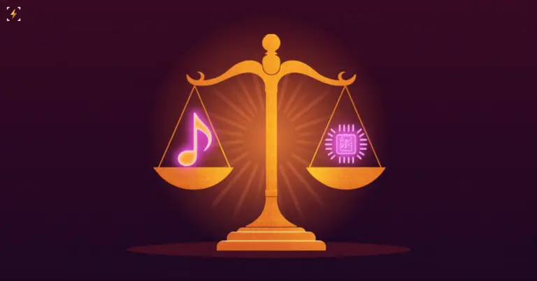 Glowing scales of justice weighing a music note against an AI chip, representing the copyright lawsuit against Anthropic
