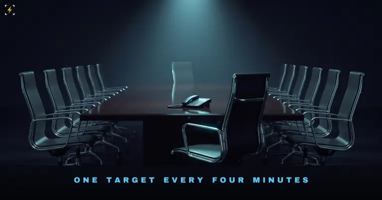 An empty briefing room lit by a single cold beam, with one chair pushed back and a desk telephone handset lying off its cradle