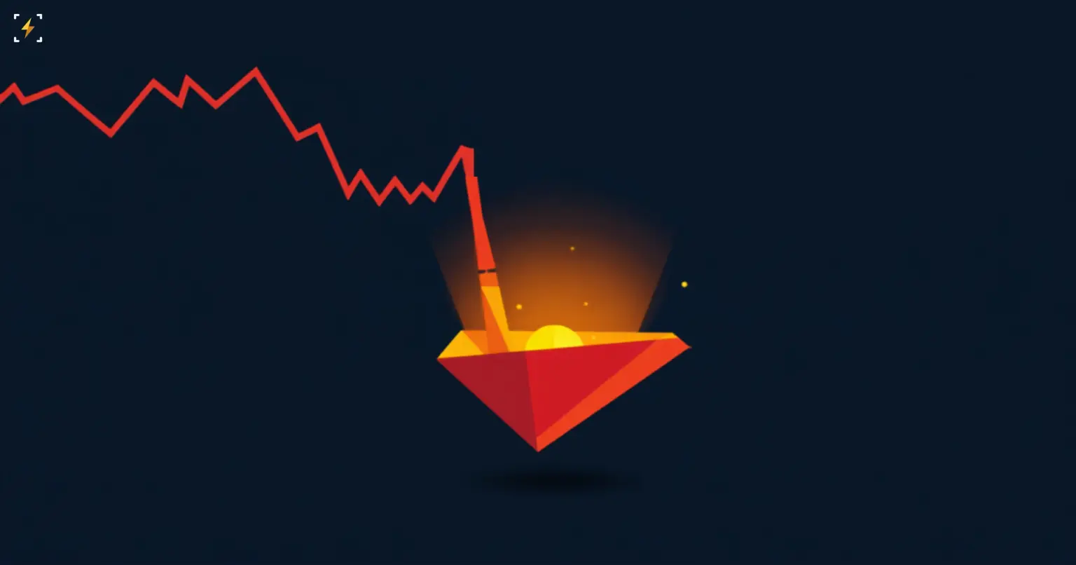 Flat vector illustration of a jagged red descending stock chart line pouring into a glowing scoop-shaped vessel holding a bright coin, symbolizing Ark Invest buying the dip in Block Inc shares