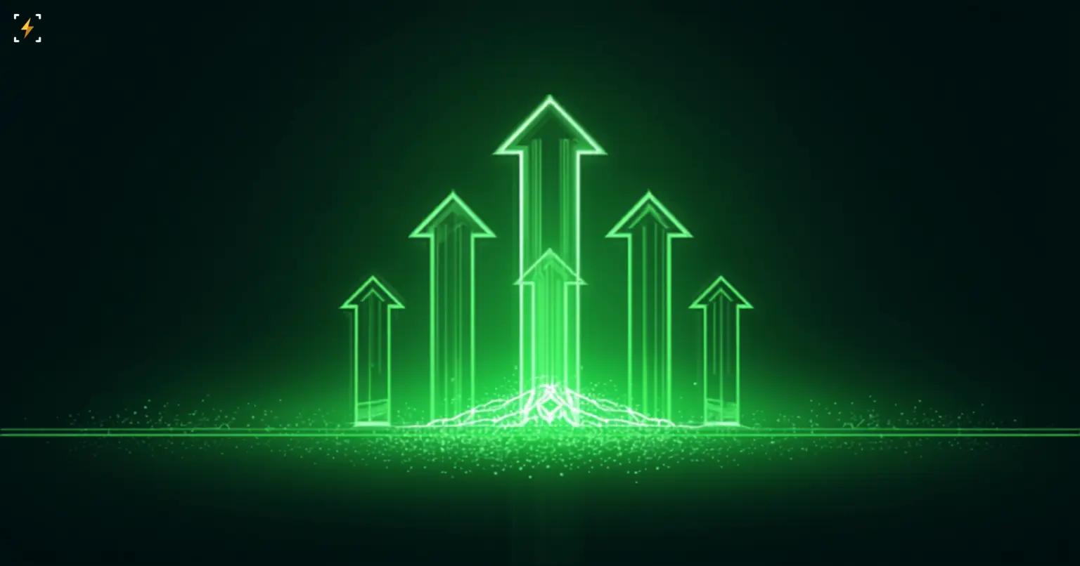 Flat vector illustration of a cluster of glowing green upward arrows of varying heights rising together from a shared glowing base on a dark background, symbolizing a sustained multi-day streak of capital inflows