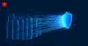 Row of glowing server-rack columns with energy beams converging on a shield absorbing the impact — cover for the Kraken 10x infrastructure load news