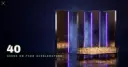 Four glowing steel slabs behind a crowded bench of small glass figures lit from within