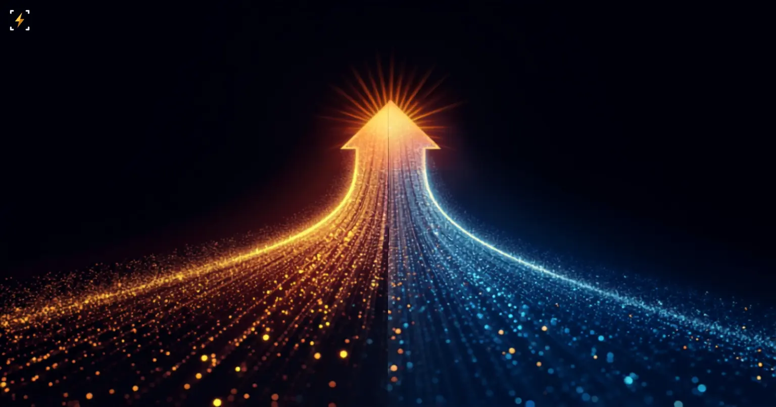 Flat vector illustration of two glowing particle streams, one amber and one blue, converging into a single upward-pointing arrow of light against a dark background, symbolizing bitcoin and ether ETF capital inflows merging into strong weekly demand