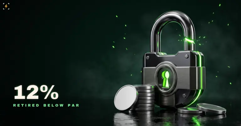 Glossy dark chrome padlock with acid-green neon light in its keyhole and shackle, standing on a wet black floor beside a stack of blank metal discs