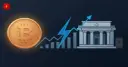 Bitcoin and the Fed building connected by a lightning bolt of uncertainty symbolize the risks of the rate decision
