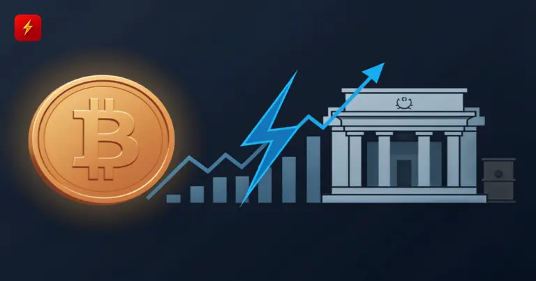 Bitcoin and the Fed building connected by a lightning bolt of uncertainty symbolize the risks of the rate decision