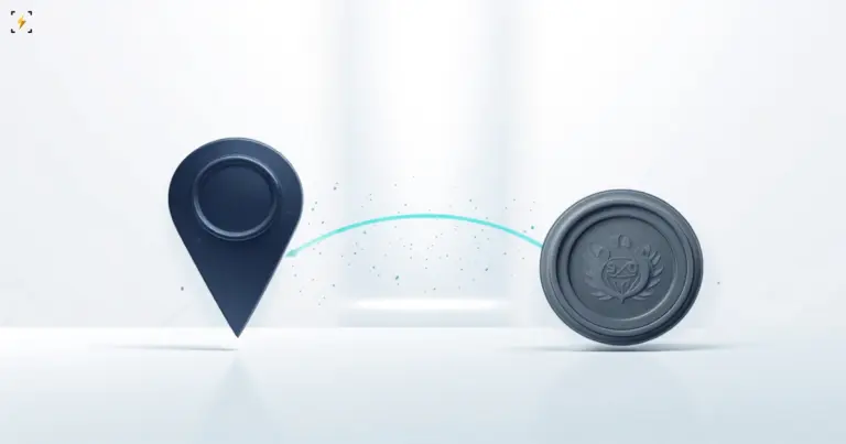 Matte map marker pin and an official seal linked by a teal arc, illustrating crypto regulation status by country