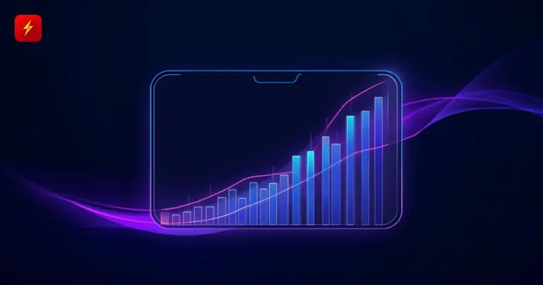 Плоская векторная иллюстрация светящегося графика в форме телефона с растущей свечной линией тренда — символ запуска Ether.fi торговли токенизированными акциями и кредитов под портфель