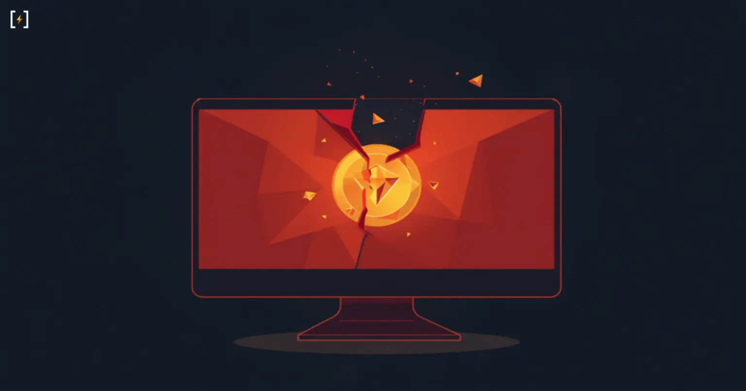 Плоская векторная иллюстрация треснувшего монитора, из разбитого экрана которого вырывается светящаяся золотая гранёная монета — символ эксплойта Screen Sharing в macOS, использованного для скрытого майнинга Monero