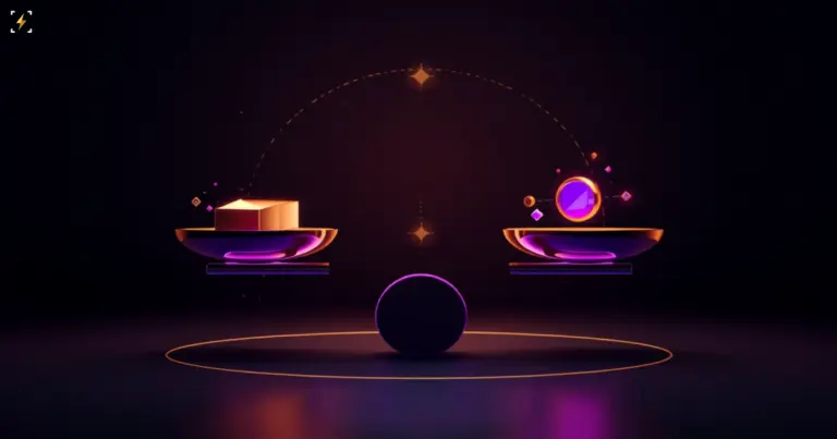 Glossy 3D balance scale weighing a gold ingot against an abstract glowing violet coin disc, with orbiting geometric nodes, symbolizing bitcoin measured against gold as a reserve asset