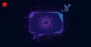 A glowing purple geometric speech bubble containing a small circuit chip pattern, with a blue DNA double helix floating in the corner, symbolizing kids talking about AI alongside separate genetics research