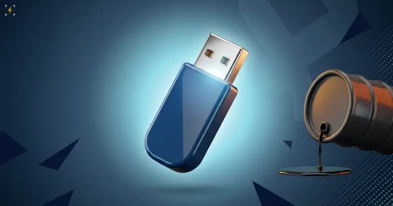 A glossy USB flash drive beside an oil barrel tipped on its side leaking a thin trickle, illustrating Orlen's failed 230 million dollar USDT oil deal