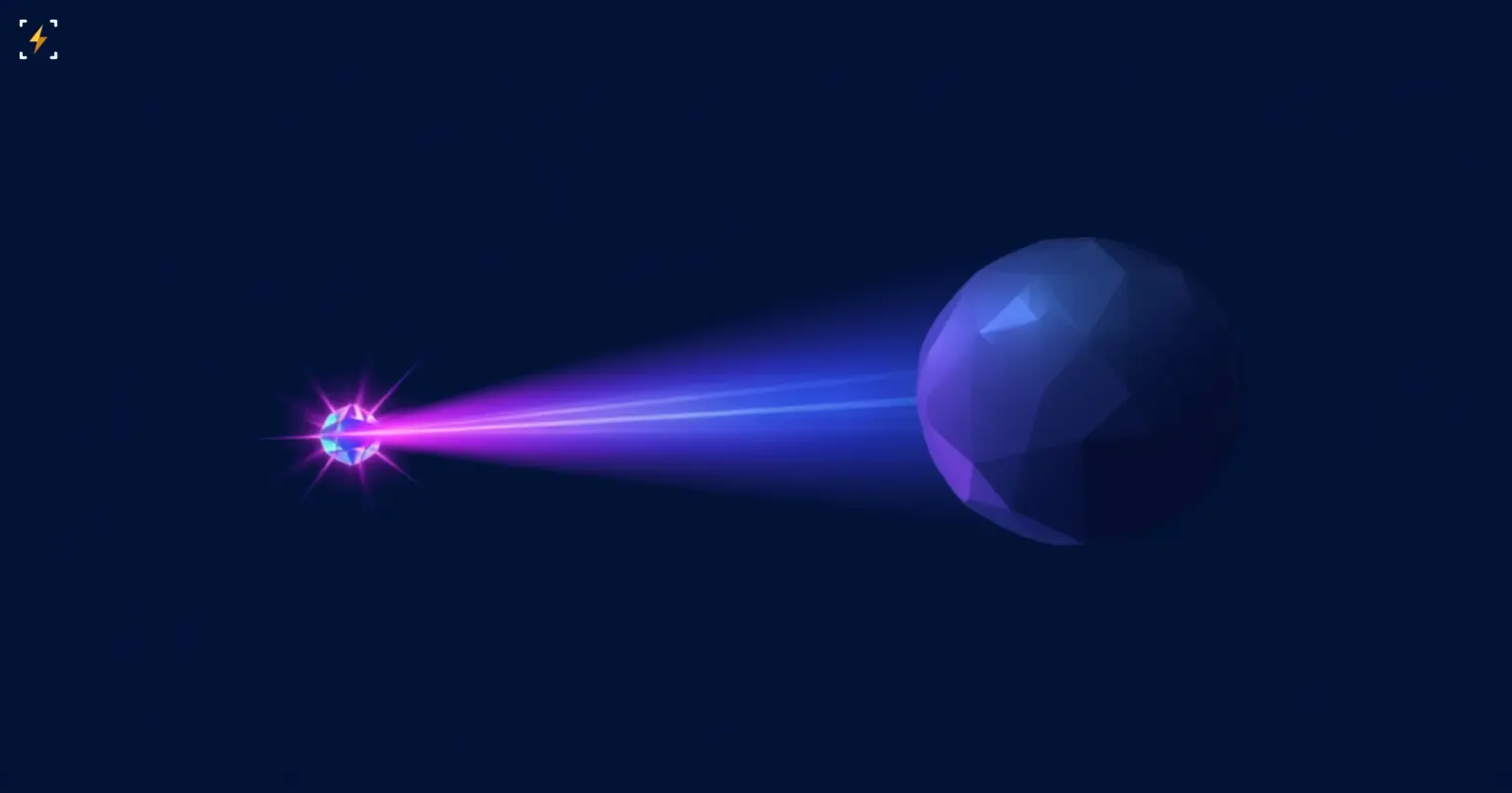 Flat vector illustration of a small glowing multifaceted crystal emitting a powerful beam of light toward a much larger dim geometric sphere on a dark navy background, symbolizing a compact AI model outperforming much larger rival systems
