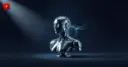 Glossy 3D robot bust on a midnight-blue background with a faint circuit-board pattern — symbolizing "digital immortality"