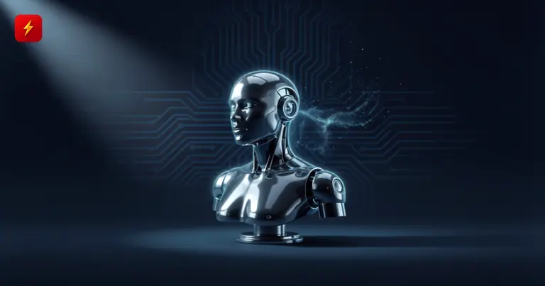 Glossy 3D robot bust on a midnight-blue background with a faint circuit-board pattern — symbolizing "digital immortality"