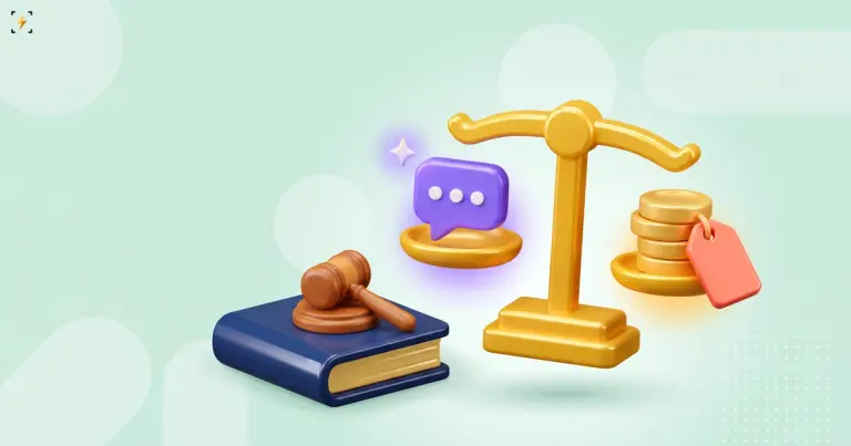 A gold balance scale weighing an AI chat bubble against coins with a price tag next to a law book and gavel, lawyers using AI