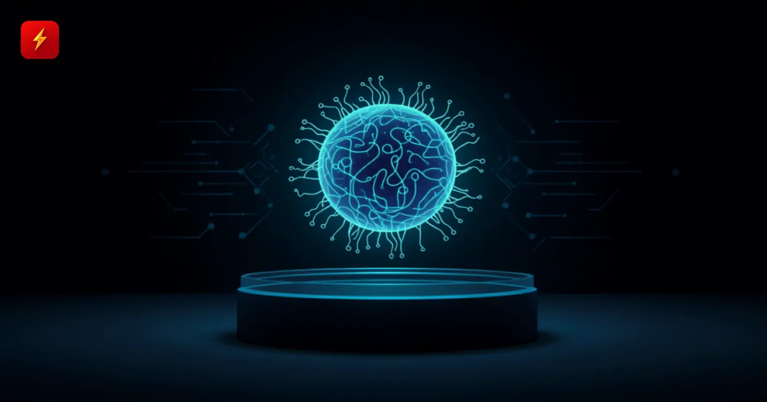 Glowing neural organoid sphere with branching synapse-like tendrils floating above a lab platform, with a faint circuit pattern in the background, symbolizing biological computing as an alternative to silicon AI
