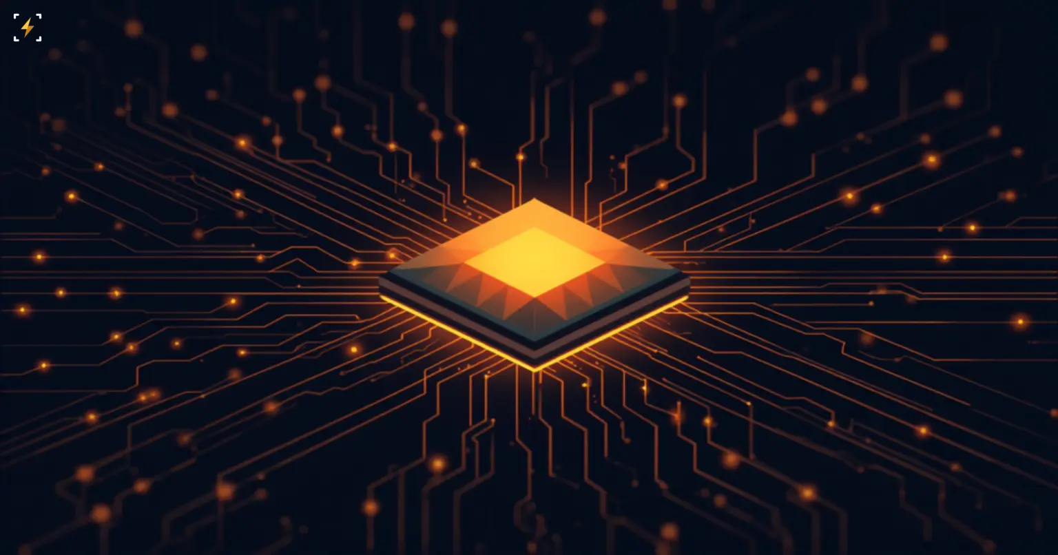 Flat vector illustration of a glowing amber microchip with circuit lines radiating outward and converging back into it, symbolizing Dario Amodei's argument that AI power concentrates around whoever owns the most chips