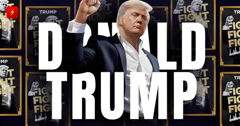 Donald Trump against a backdrop of collectible NFT trading cards featuring him