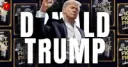 Donald Trump against a backdrop of collectible NFT trading cards featuring him