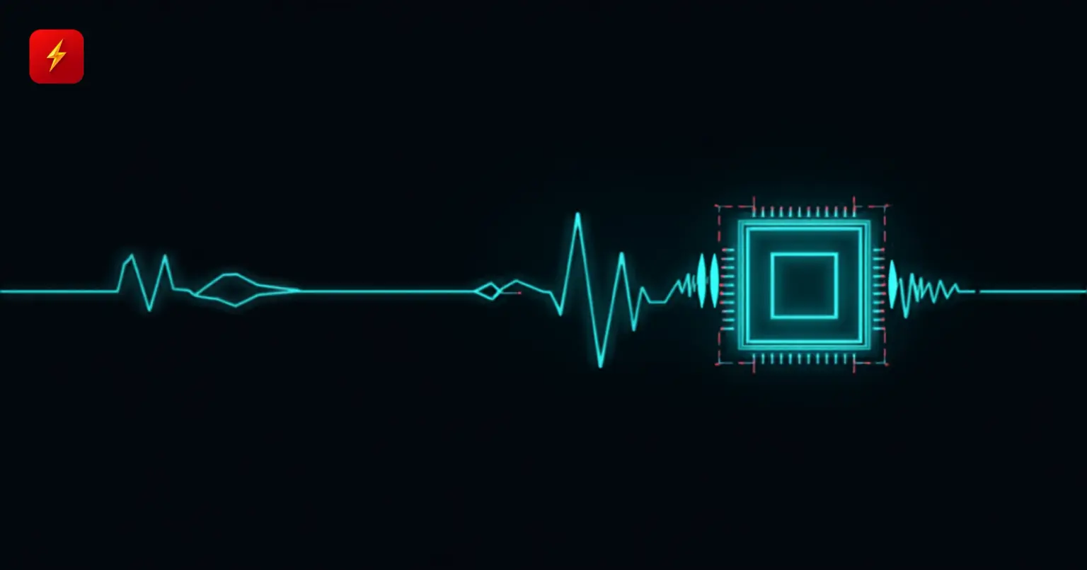 Flat vector illustration of a glowing heartbeat waveform flowing directly into a microchip icon, symbolizing Samsung's on-device AI models analyzing wearable biosignal data