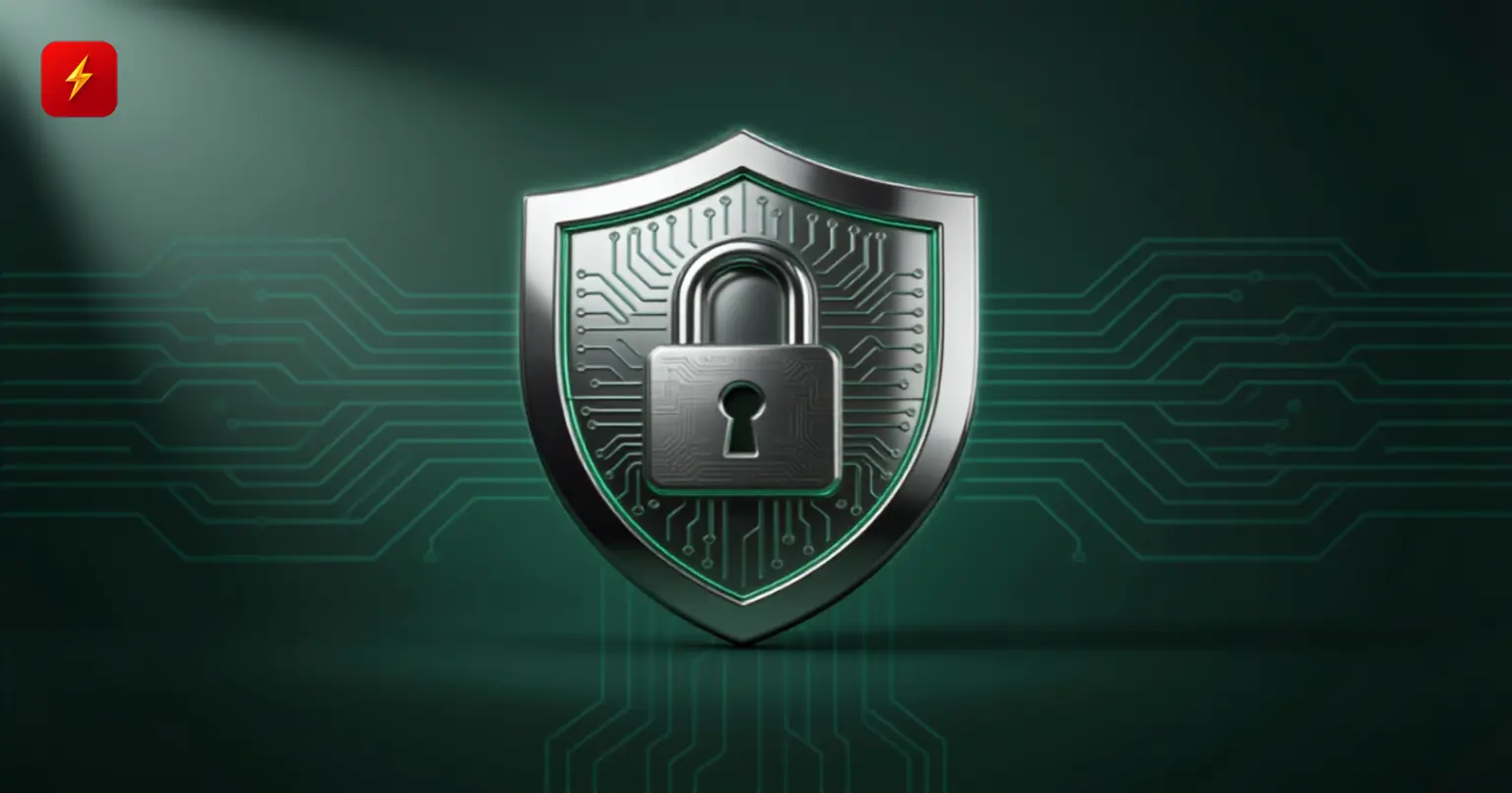 Glossy 3D shield with a padlock and circuit pattern on an emerald background — symbolizing Ethereum Foundation's security focus