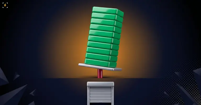 A tall stack of green blocks balanced on a thin silver plate held up by one crimson post, above a closed roller shutter