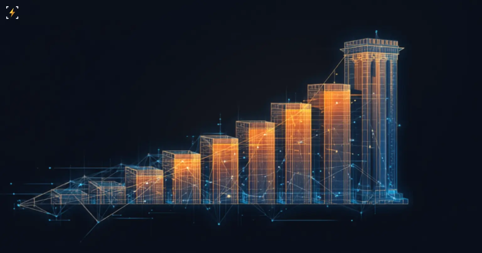 Flat vector illustration of a glowing amber ascending bar chart made of geometric blocks transitioning into a glowing institutional tower silhouette, connected by fine network lines, symbolizing venture capital flowing into institutional Web3 infrastructure