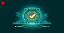 Glowing digital vault door with an approval checkmark against palm-tree and island silhouettes — cover for the Blockchain.com Cayman Islands licence news