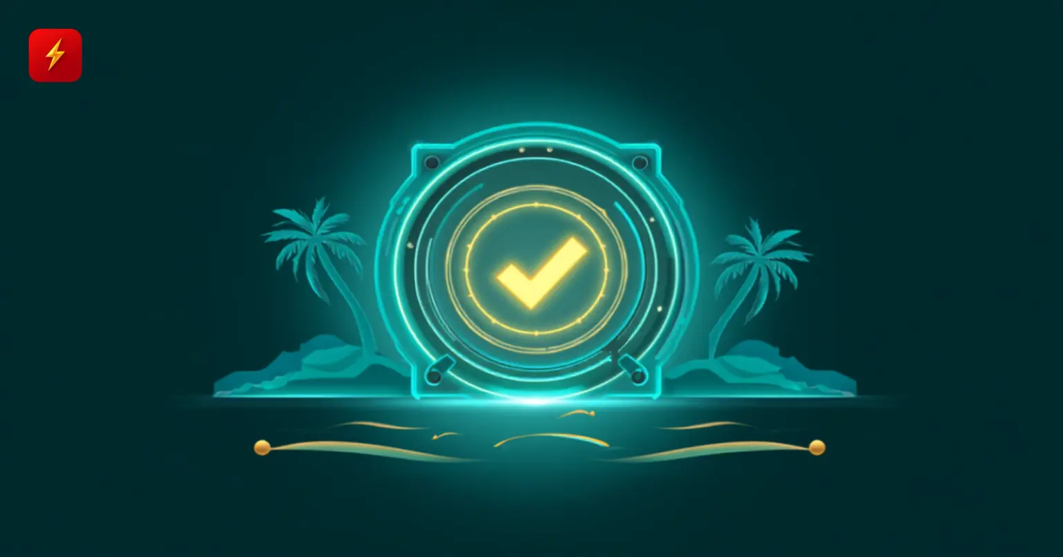 Glowing digital vault door with an approval checkmark against palm-tree and island silhouettes — cover for the Blockchain.com Cayman Islands licence news