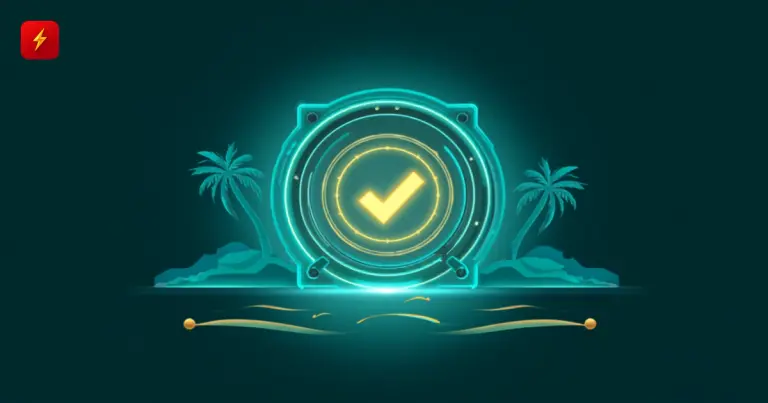 Glowing digital vault door with an approval checkmark against palm-tree and island silhouettes — cover for the Blockchain.com Cayman Islands licence news