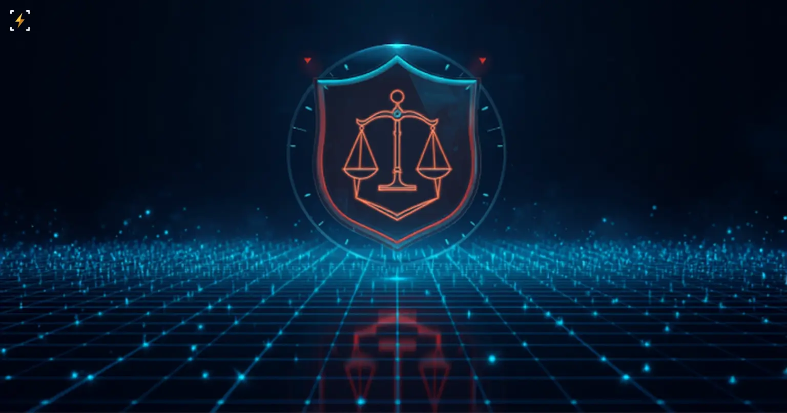A glowing shield with scales of justice inside a radar-like ring, standing above a traced network of glowing nodes on a dark grid, symbolizing police tracing old blockchain transactions