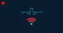 A cyan commercial airplane silhouette flying above a red glowing Wi-Fi signal icon, symbolizing a spoofed rogue wireless network aboard a flight