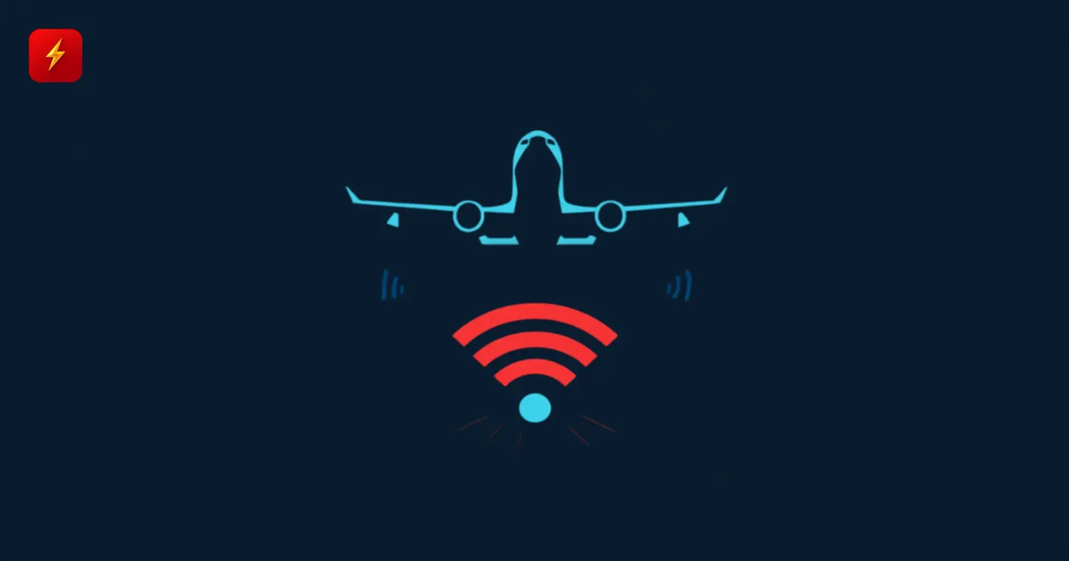 A cyan commercial airplane silhouette flying above a red glowing Wi-Fi signal icon, symbolizing a spoofed rogue wireless network aboard a flight