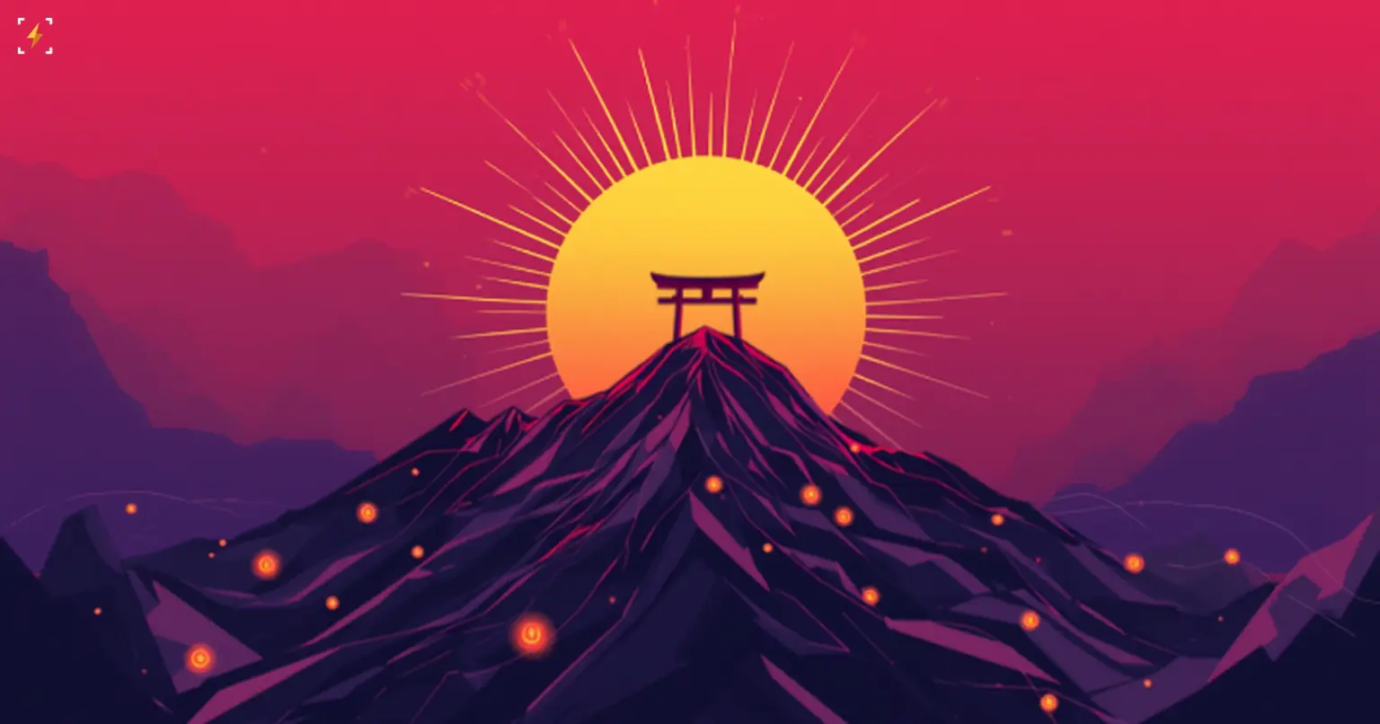 A glowing sun rises behind a torii gate atop a mountain peak, with small glowing coin particles scattered across the slopes